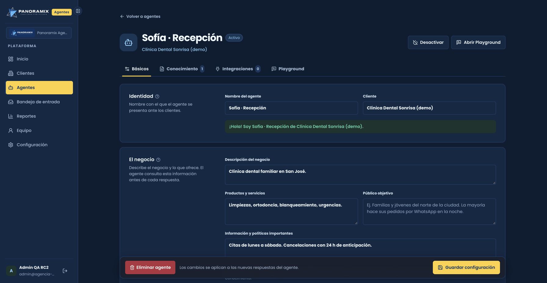Configuración real de un agente personalizado en Panoramix Agentes.