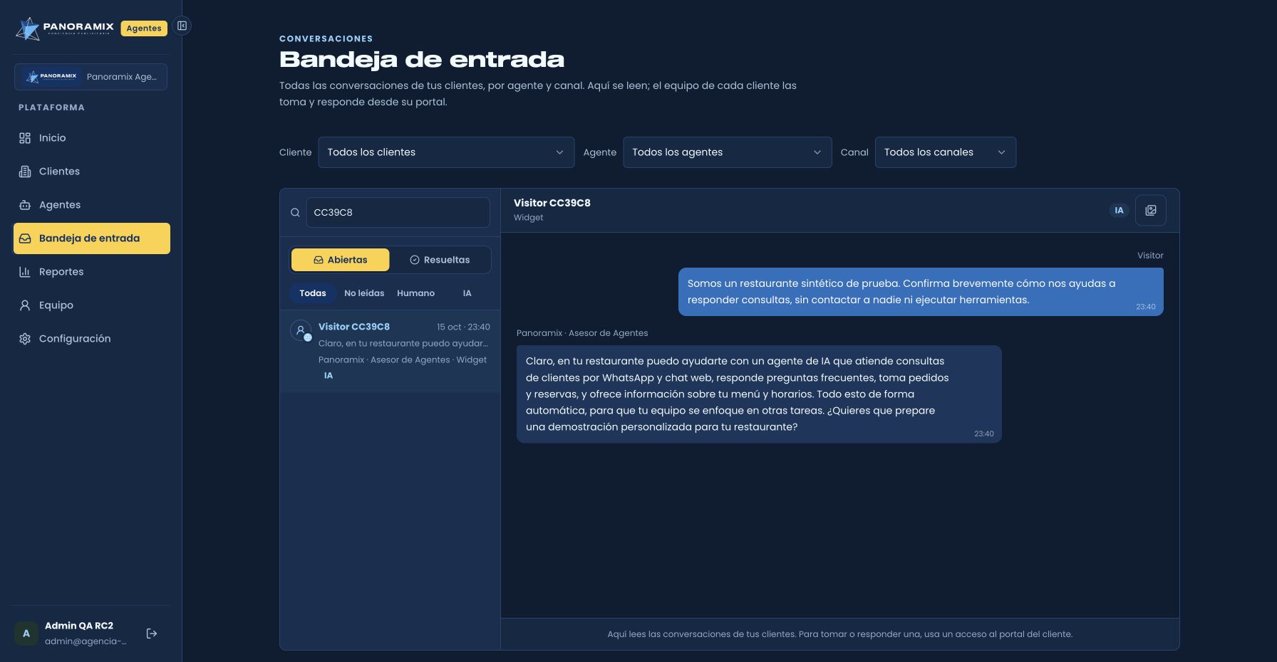Bandeja auténtica de conversaciones y seguimiento humano de Panoramix Agentes.