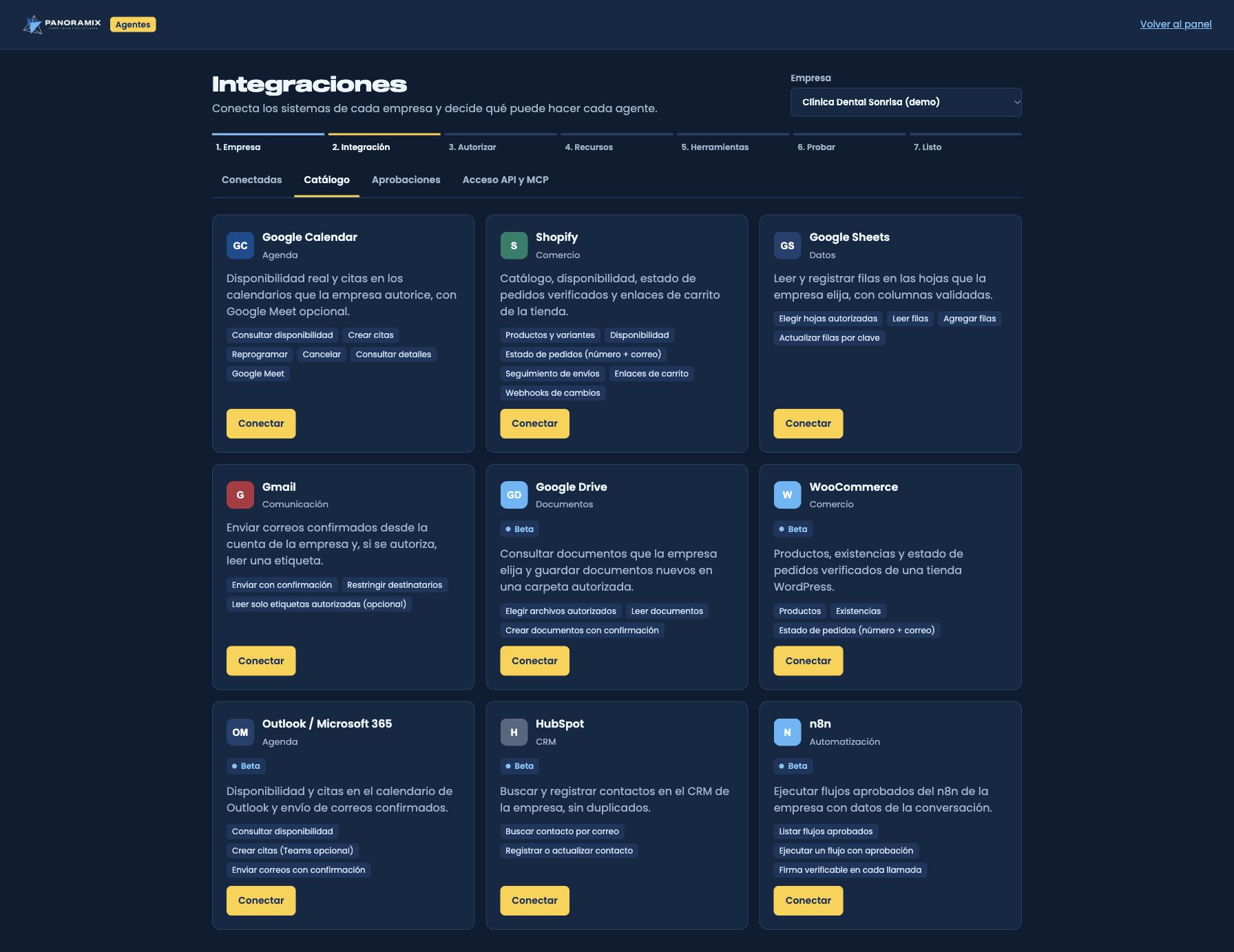 Catálogo real de integraciones en Panoramix Agentes. Su presencia no significa que una cuenta esté conectada.